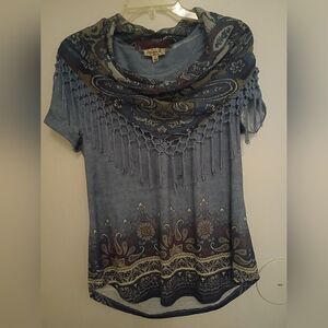 ONE WORLD Blue Paisley Short Sleeve Top with Scarf